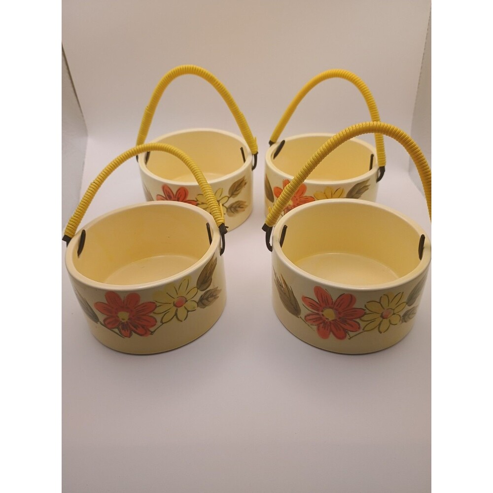 Vintage 60s MCM Pots 4-Set Japan, Retro Flower Power Daisy Yellow Handles